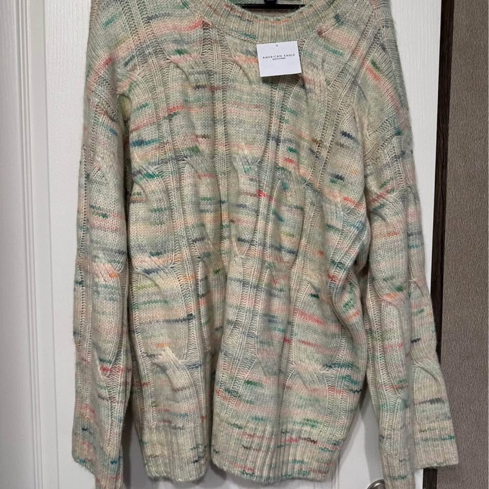American Eagle Outfitters Cream Multicolor Knit Sweater